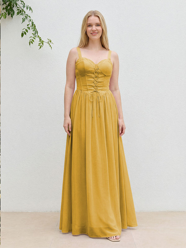 Chiffon A Line Spaghetti Straps Maxi Bridesmaid Dresses with Back Tie