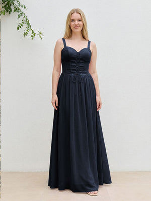 Chiffon A Line Spaghetti Straps Maxi Bridesmaid Dresses with Back Tie