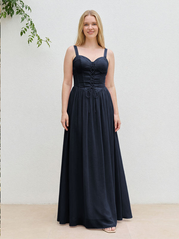 Chiffon A Line Spaghetti Straps Maxi Bridesmaid Dresses with Back Tie