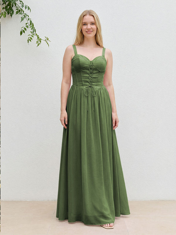 Chiffon A Line Spaghetti Straps Maxi Bridesmaid Dresses with Back Tie