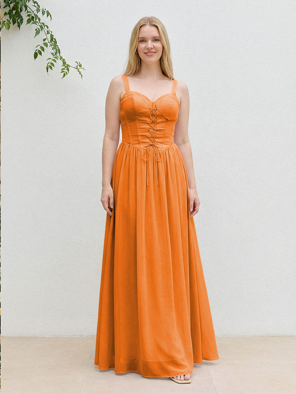 Chiffon A Line Spaghetti Straps Maxi Bridesmaid Dresses with Back Tie