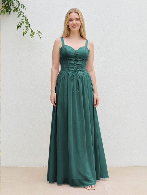 Chiffon A Line Spaghetti Straps Maxi Bridesmaid Dresses with Back Tie