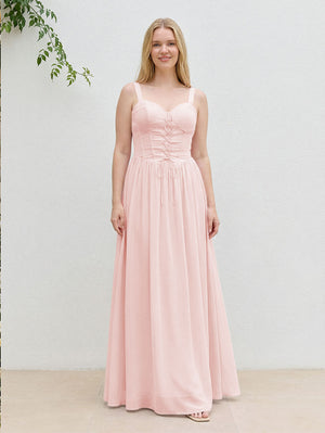 Chiffon A Line Spaghetti Straps Maxi Bridesmaid Dresses with Back Tie
