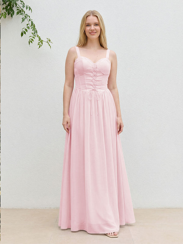 Chiffon A Line Spaghetti Straps Maxi Bridesmaid Dresses with Back Tie