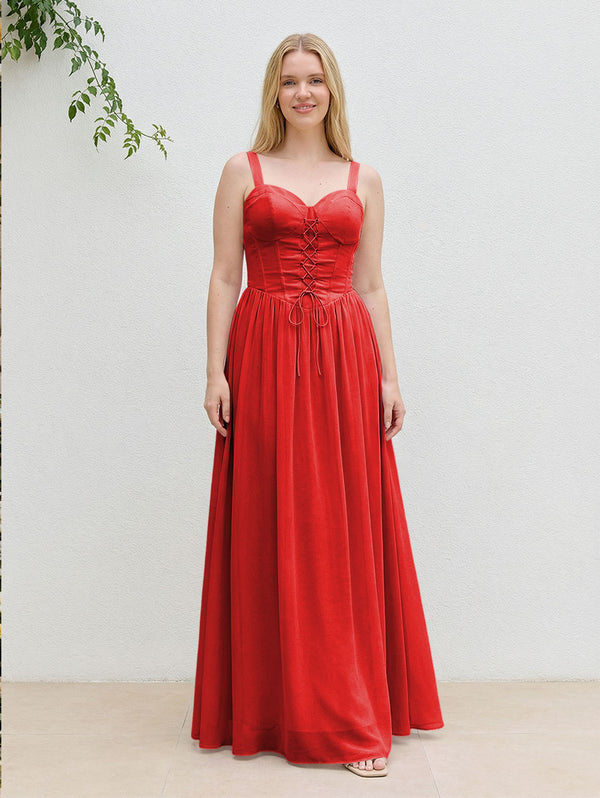 Chiffon A Line Spaghetti Straps Maxi Bridesmaid Dresses with Back Tie