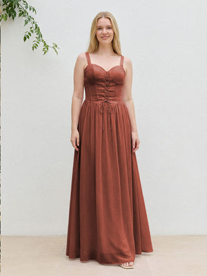 Chiffon A Line Spaghetti Straps Maxi Bridesmaid Dresses with Back Tie
