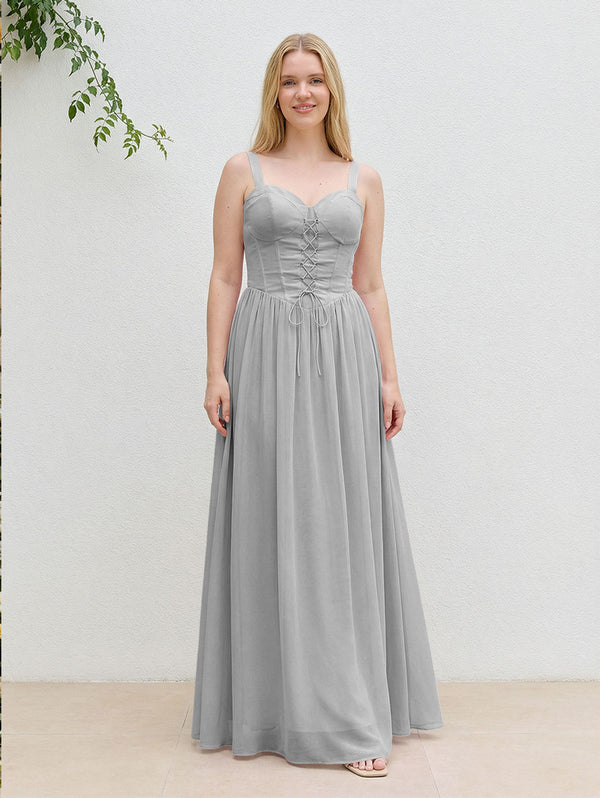 Chiffon A Line Spaghetti Straps Maxi Bridesmaid Dresses with Back Tie