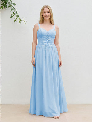 Chiffon A Line Spaghetti Straps Maxi Bridesmaid Dresses with Back Tie