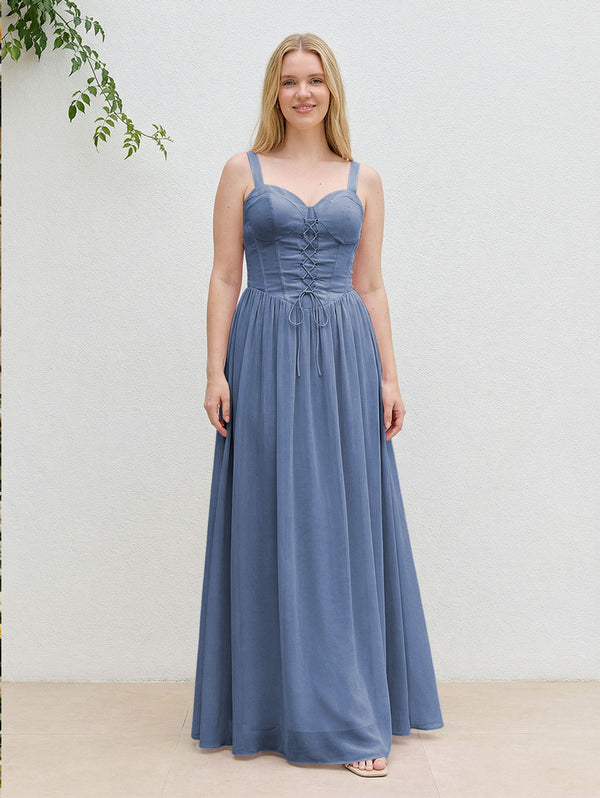 Chiffon A Line Spaghetti Straps Maxi Bridesmaid Dresses with Back Tie