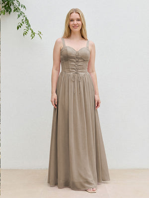 Chiffon A Line Spaghetti Straps Maxi Bridesmaid Dresses with Back Tie