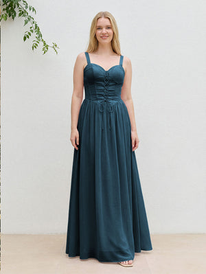 Chiffon A Line Spaghetti Straps Maxi Bridesmaid Dresses with Back Tie