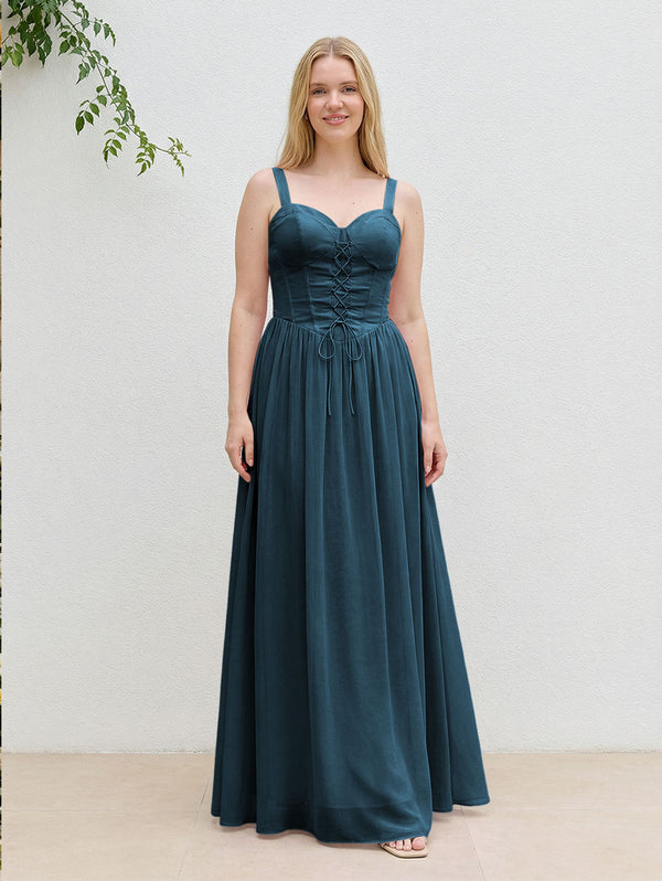 Chiffon A Line Spaghetti Straps Maxi Bridesmaid Dresses with Back Tie