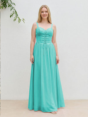 Chiffon A Line Spaghetti Straps Maxi Bridesmaid Dresses with Back Tie