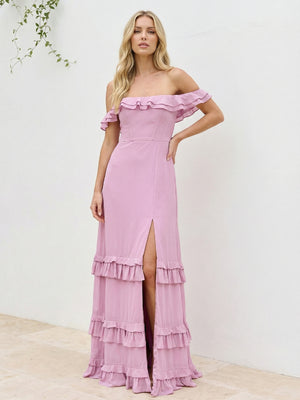 Chiffon Ruffles Off Shoulder Maxi Bridesmaid Dresses with Slit