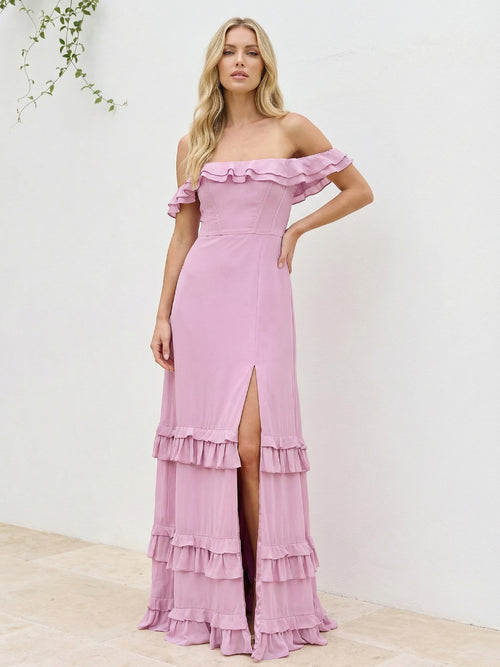 Chiffon Ruffles Off Shoulder Maxi Bridesmaid Dresses with Slit
