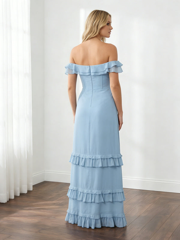 Chiffon Ruffles Off Shoulder Maxi Bridesmaid Dresses with Slit