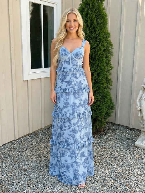 Chiffon Ruffled Sweetheart Maxi Long Wedding Guest Dresses with Floral