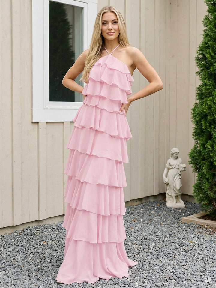 Chiffon Halter Tiered Maxi Long Formal Dresses with Backless Design