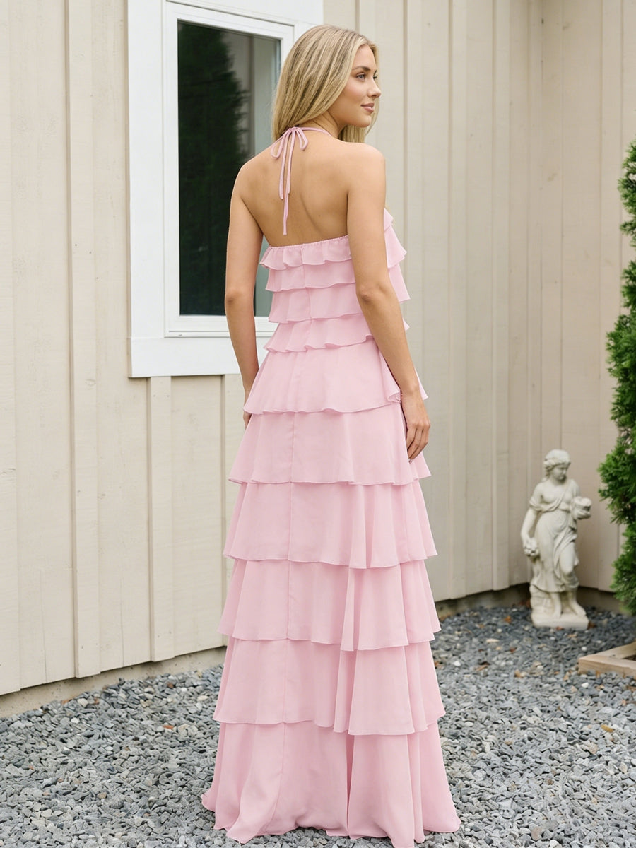 Chiffon Halter Tiered Maxi Long Formal Dresses with Backless Design