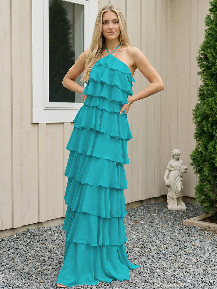 Chiffon Halter Tiered Maxi Long Formal Dresses with Backless Design
