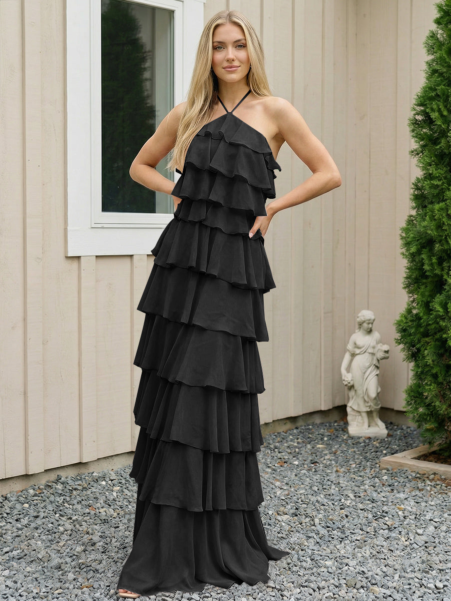 Chiffon Halter Tiered Maxi Long Formal Dresses with Backless Design