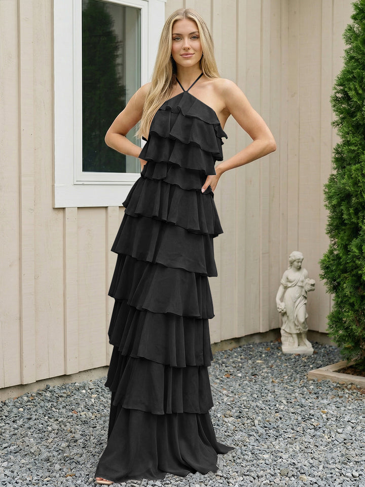 Chiffon Halter Tiered Maxi Long Formal Dresses with Backless Design