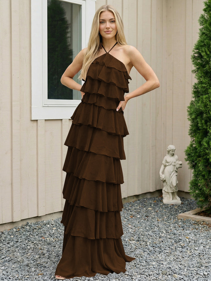 Chiffon Halter Tiered Maxi Long Formal Dresses with Backless Design