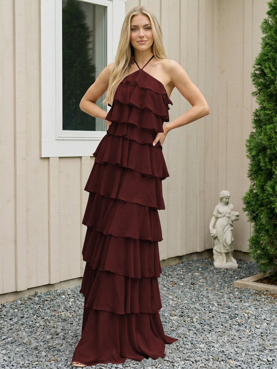 Chiffon Halter Tiered Maxi Long Formal Dresses with Backless Design
