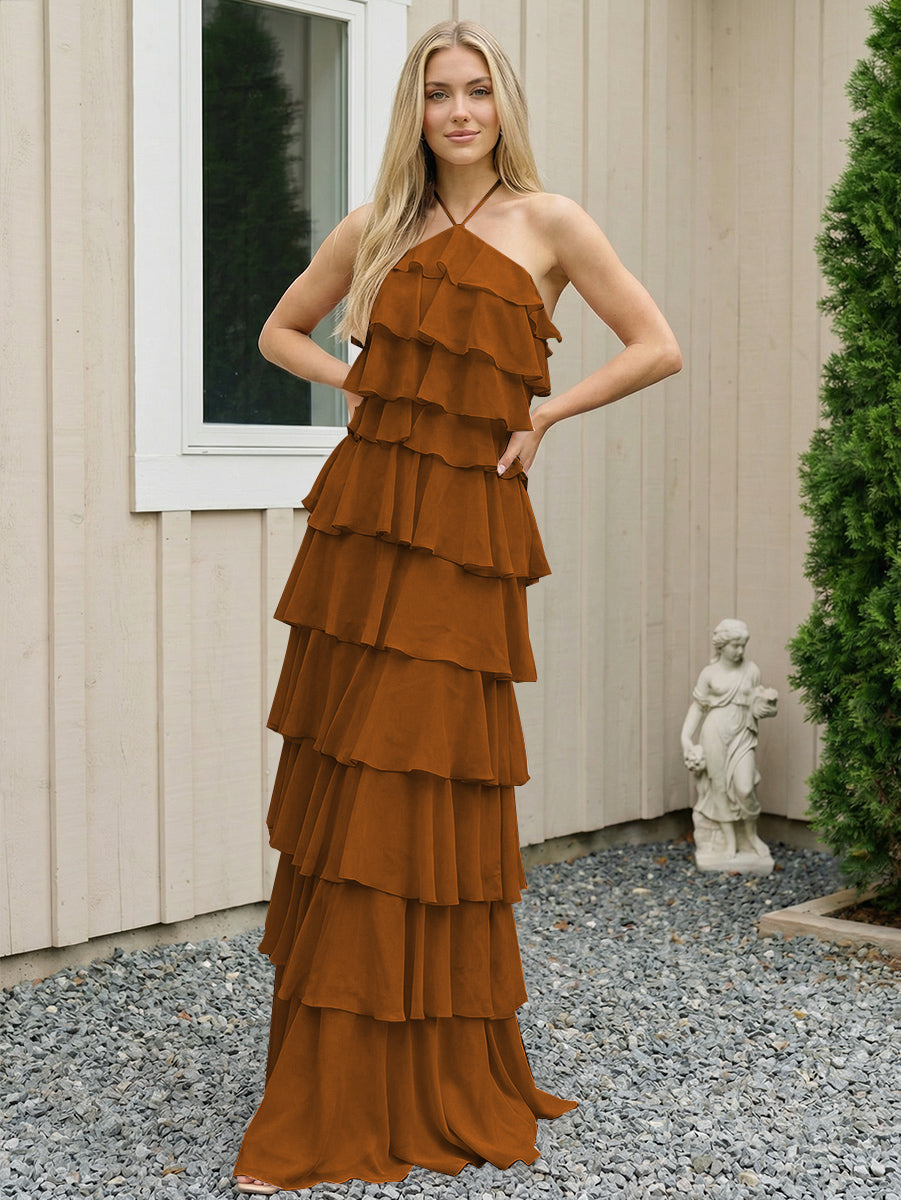 Chiffon Halter Tiered Maxi Long Formal Dresses with Backless Design