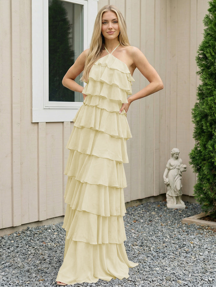 Chiffon Halter Tiered Maxi Long Formal Dresses with Backless Design