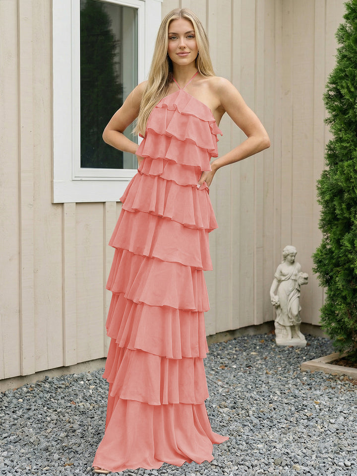 Chiffon Halter Tiered Maxi Long Formal Dresses with Backless Design