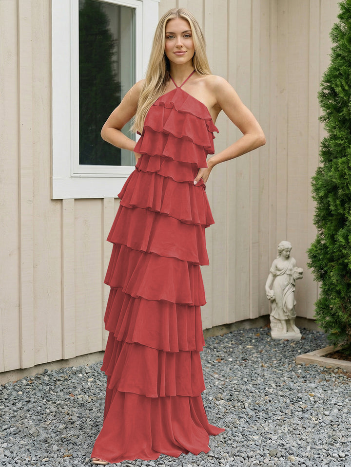 Chiffon Halter Tiered Maxi Long Formal Dresses with Backless Design