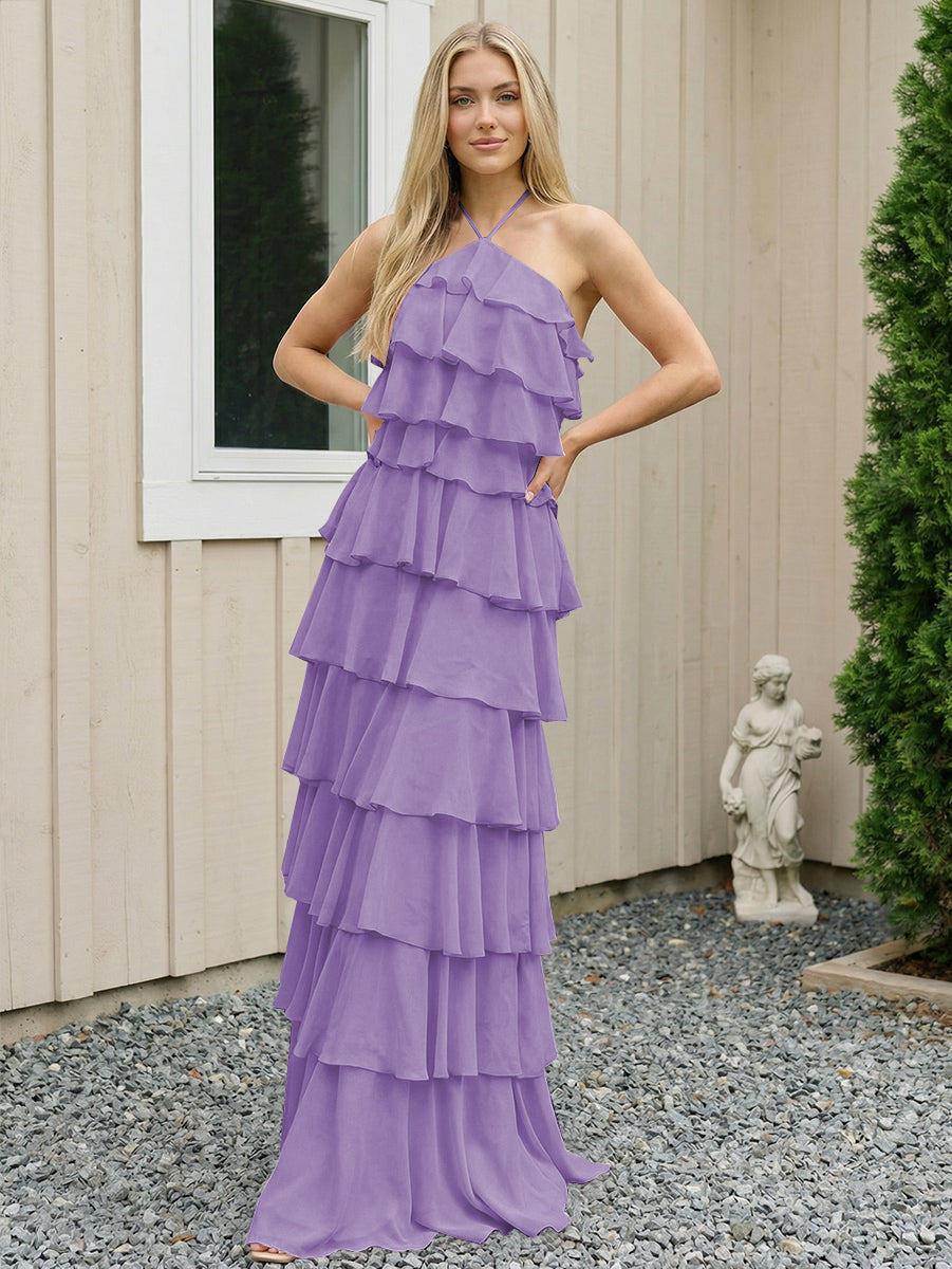 Chiffon Halter Tiered Maxi Long Formal Dresses with Backless Design