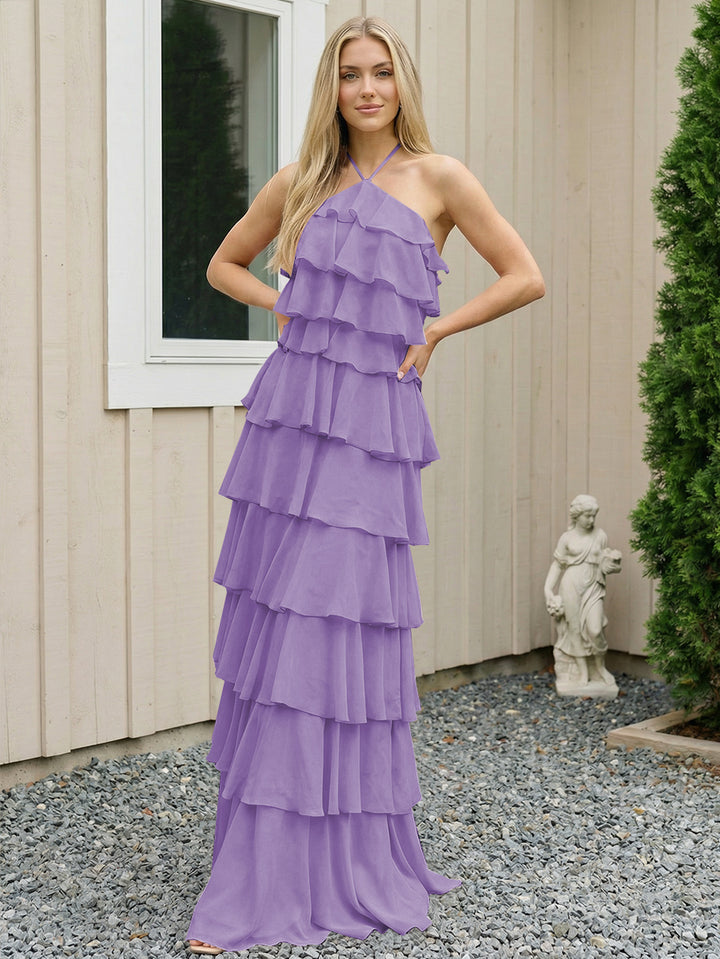 Chiffon Halter Tiered Maxi Long Formal Dresses with Backless Design