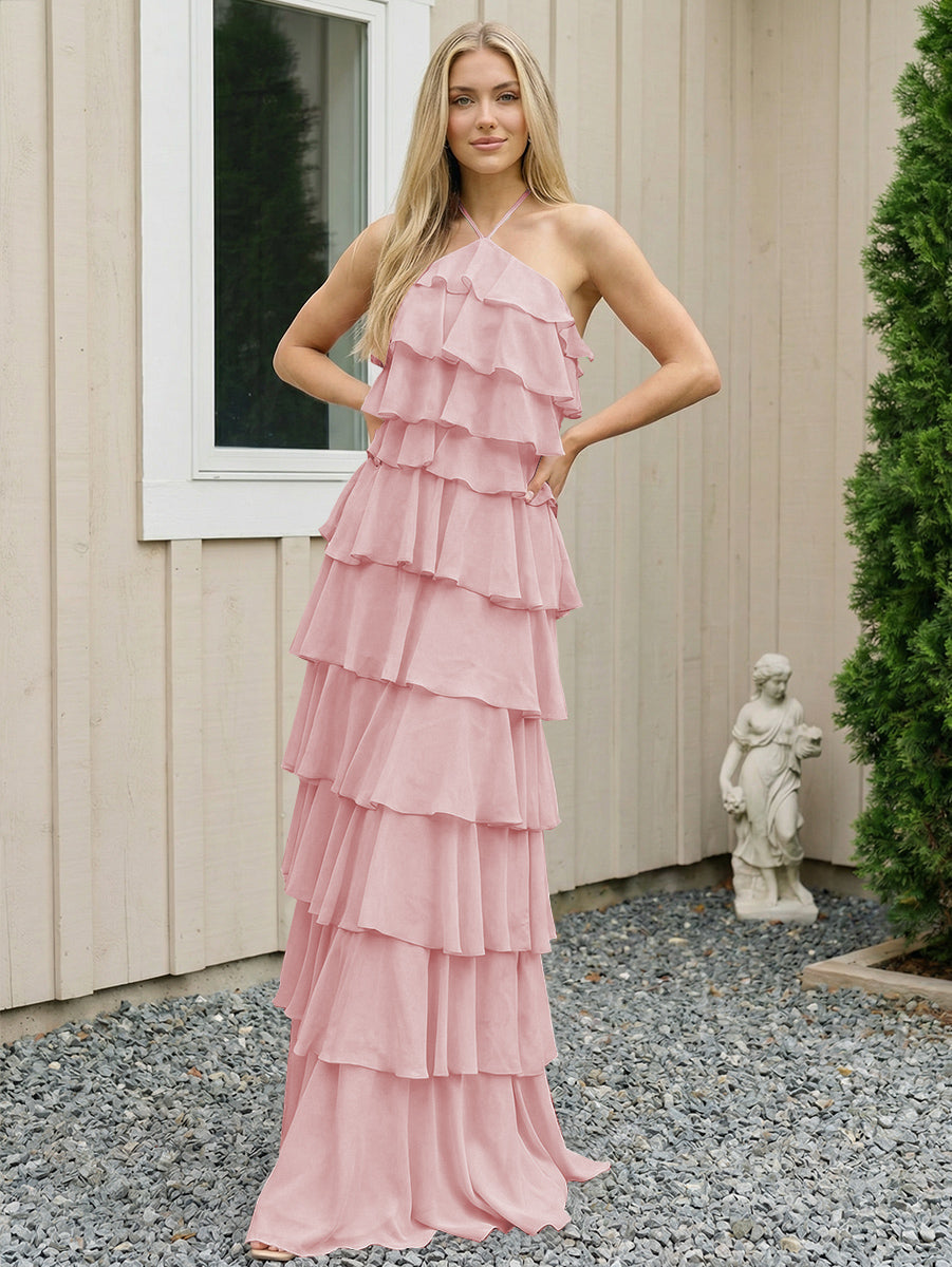 Chiffon Halter Tiered Maxi Long Formal Dresses with Backless Design