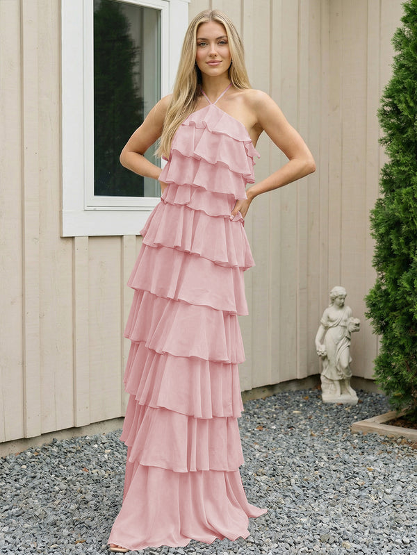 Chiffon Halter Tiered Maxi Long Bridesmaid Dresses with Backless Design