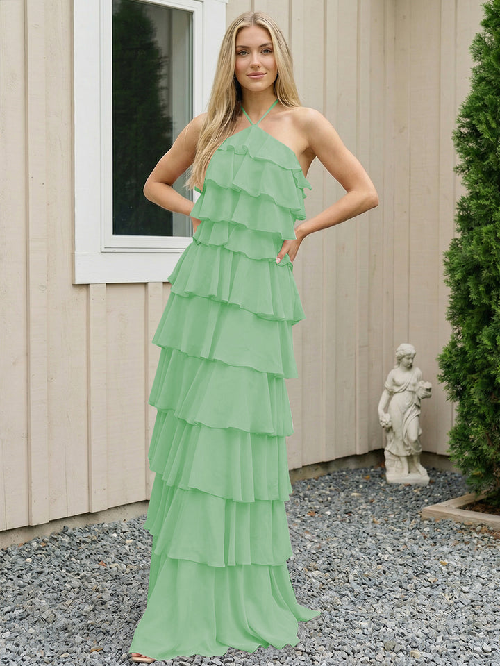 Chiffon Halter Tiered Maxi Long Formal Dresses with Backless Design