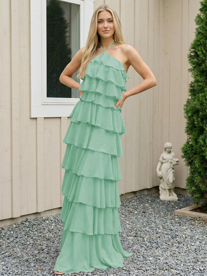Chiffon Halter Tiered Maxi Long Formal Dresses with Backless Design