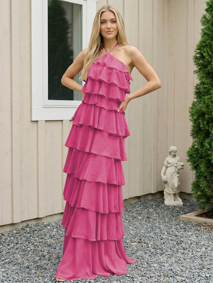 Chiffon Halter Tiered Maxi Long Formal Dresses with Backless Design