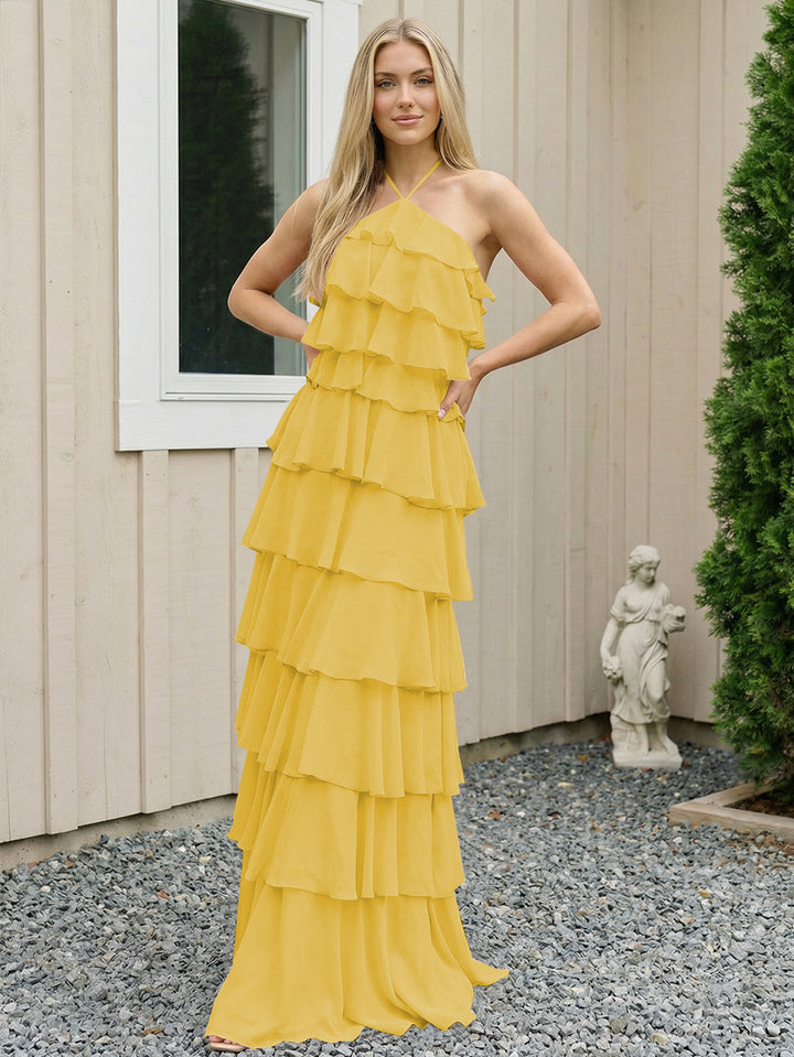 Chiffon Halter Tiered Maxi Long Formal Dresses with Backless Design