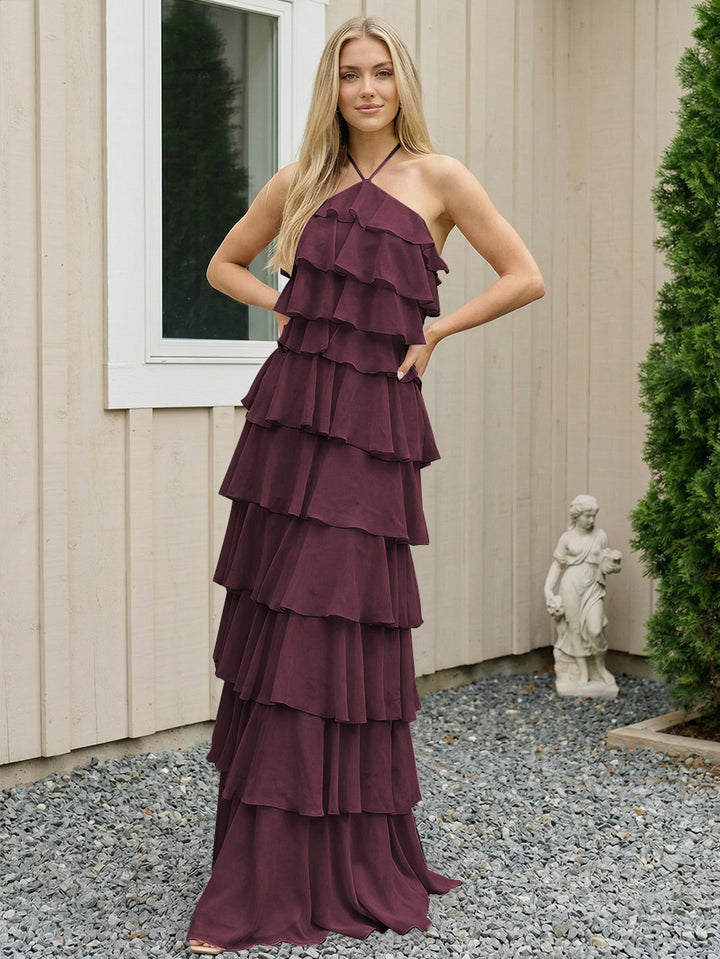 Chiffon Halter Tiered Maxi Long Formal Dresses with Backless Design