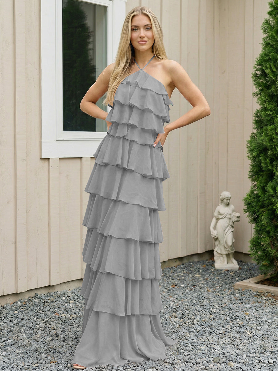 Chiffon Halter Tiered Maxi Long Formal Dresses with Backless Design