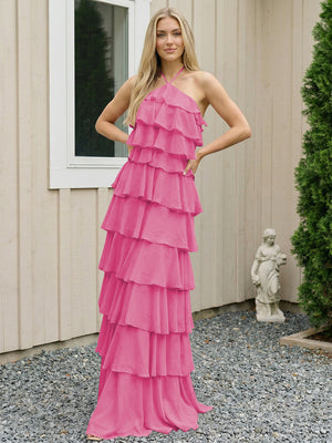 Chiffon Halter Tiered Maxi Long Bridesmaid Dresses with Backless Design