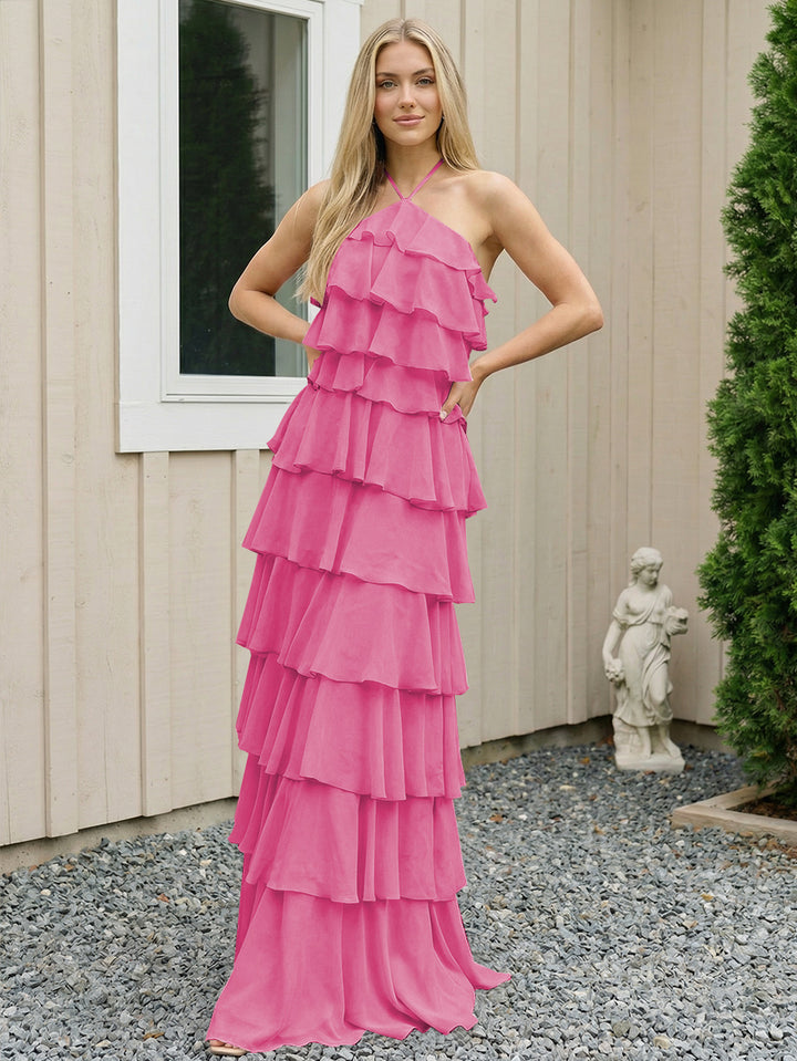 Chiffon Halter Tiered Maxi Long Formal Dresses with Backless Design