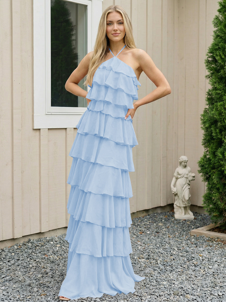 Chiffon Halter Tiered Maxi Long Formal Dresses with Backless Design