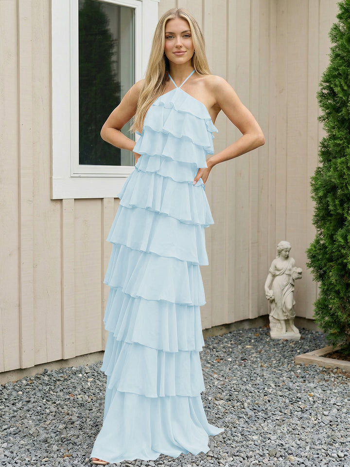 Chiffon Halter Tiered Maxi Long Formal Dresses with Backless Design