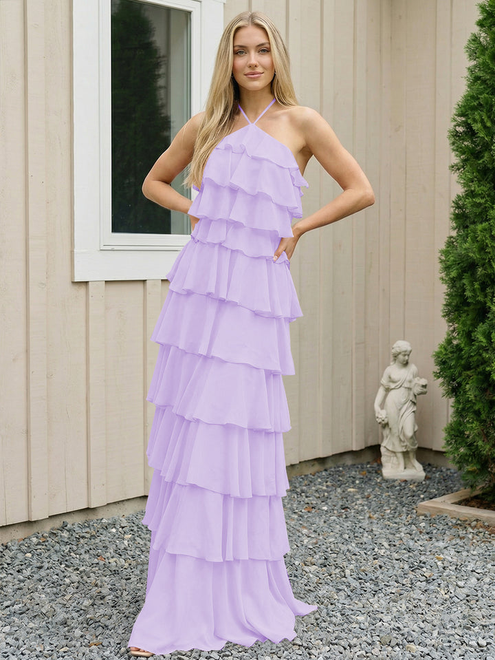 Chiffon Halter Tiered Maxi Long Formal Dresses with Backless Design