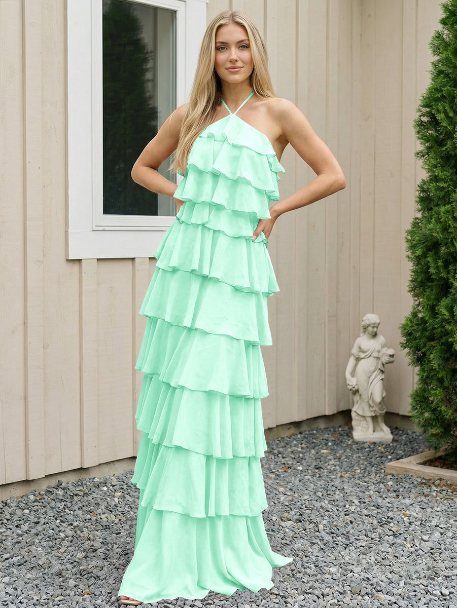 Chiffon Halter Tiered Maxi Long Formal Dresses with Backless Design