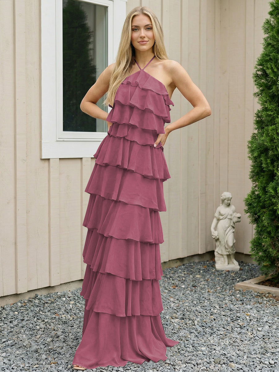 Chiffon Halter Tiered Maxi Long Formal Dresses with Backless Design