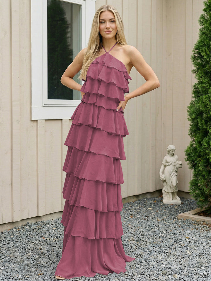 Chiffon Halter Tiered Maxi Long Formal Dresses with Backless Design